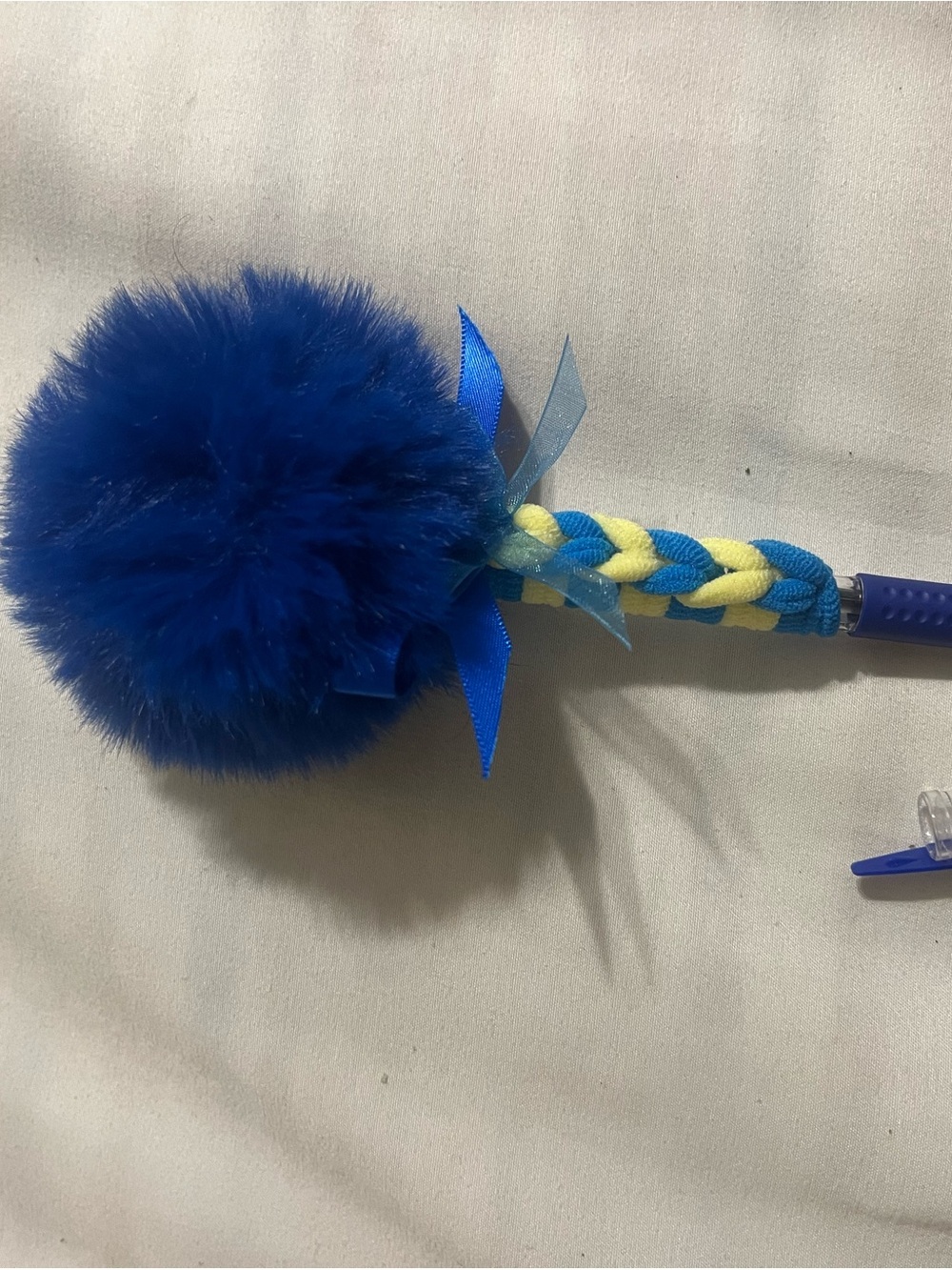 Handmade Plush Blue Pom-Pom Headband with Yellow Ribbon Accents for Kids - Picture 2 of 3